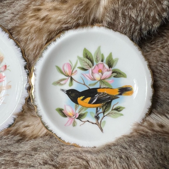 Miniature Porcelain Bird Plates Perched On Branches With Flowers White Gold Trim - Picture 3 of 7